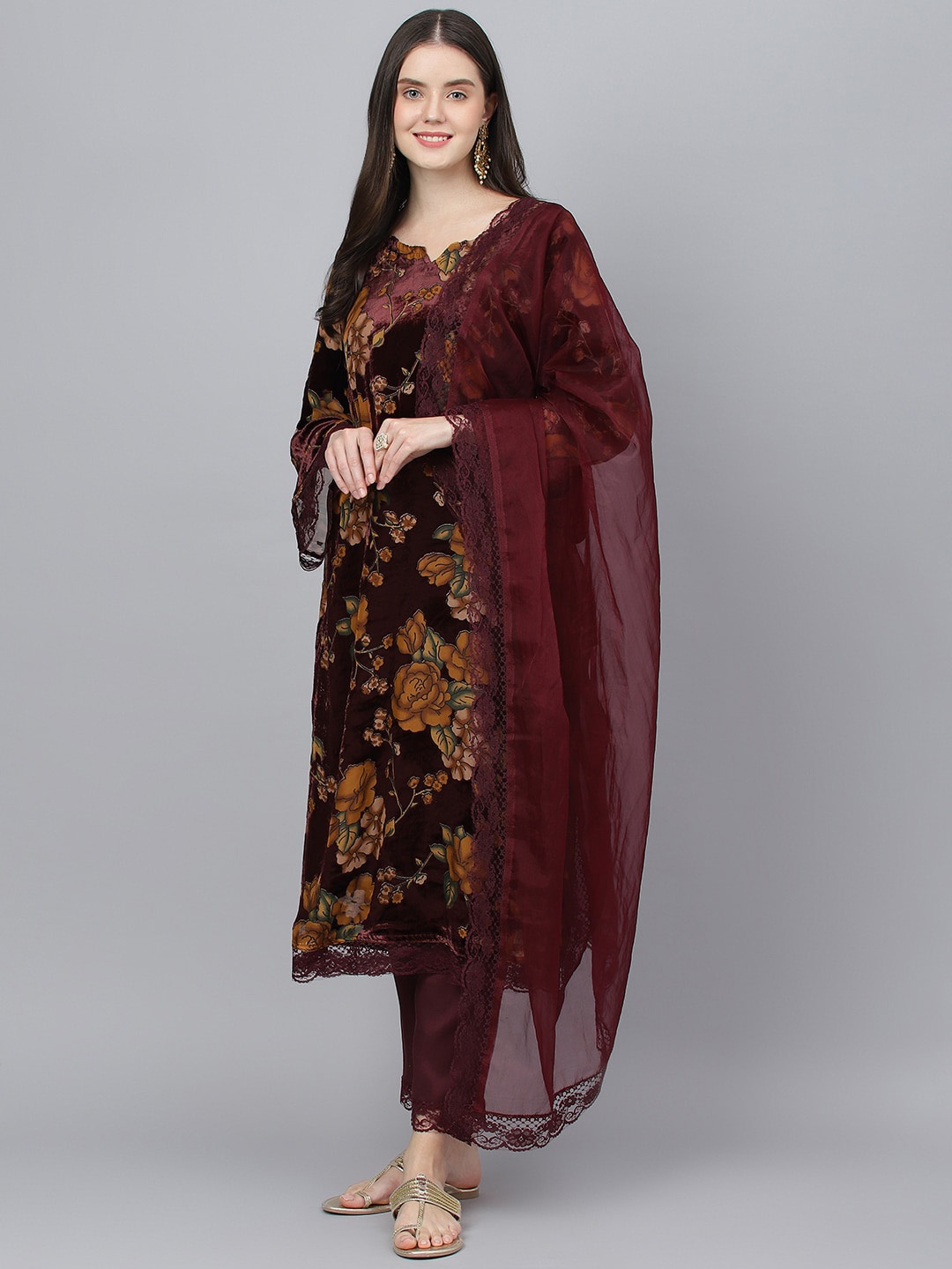 

Divena Floral Printed Velvet Kurta with Trousers & With Dupatta, Brown
