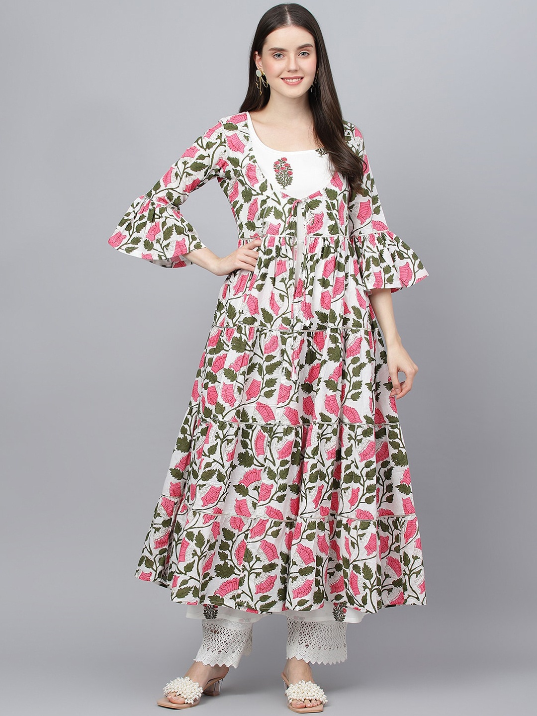 

Divena Women White Floral Printed Flared Sleeves Thread Work Anarkali Kurta