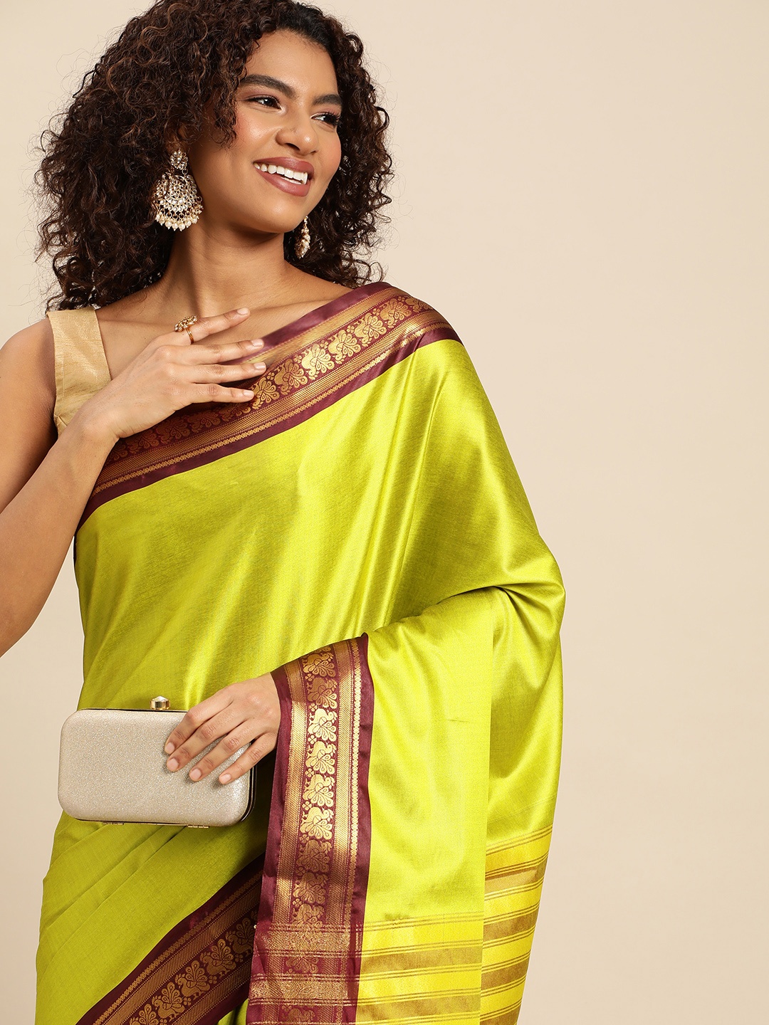 

FASHDEAL Lime Green & Brown Zari Pure Cotton Jacquard Saree