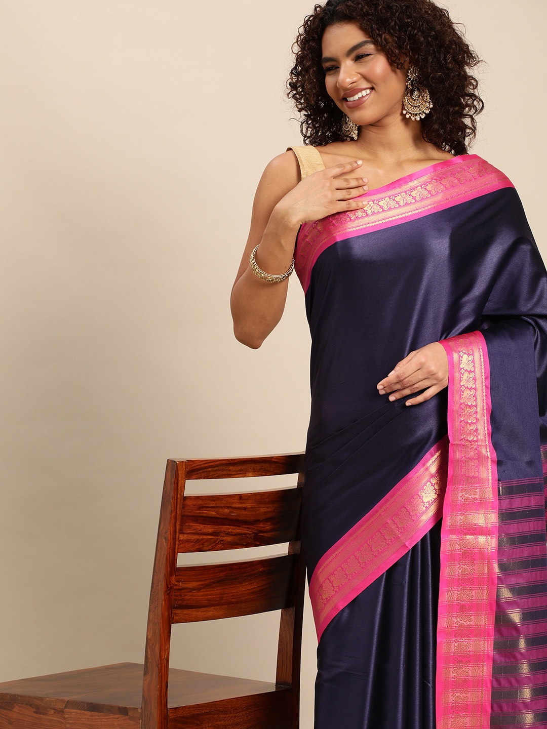 

FASHDEAL Navy Blue & Pink Zari Pure Cotton Jacquard Saree
