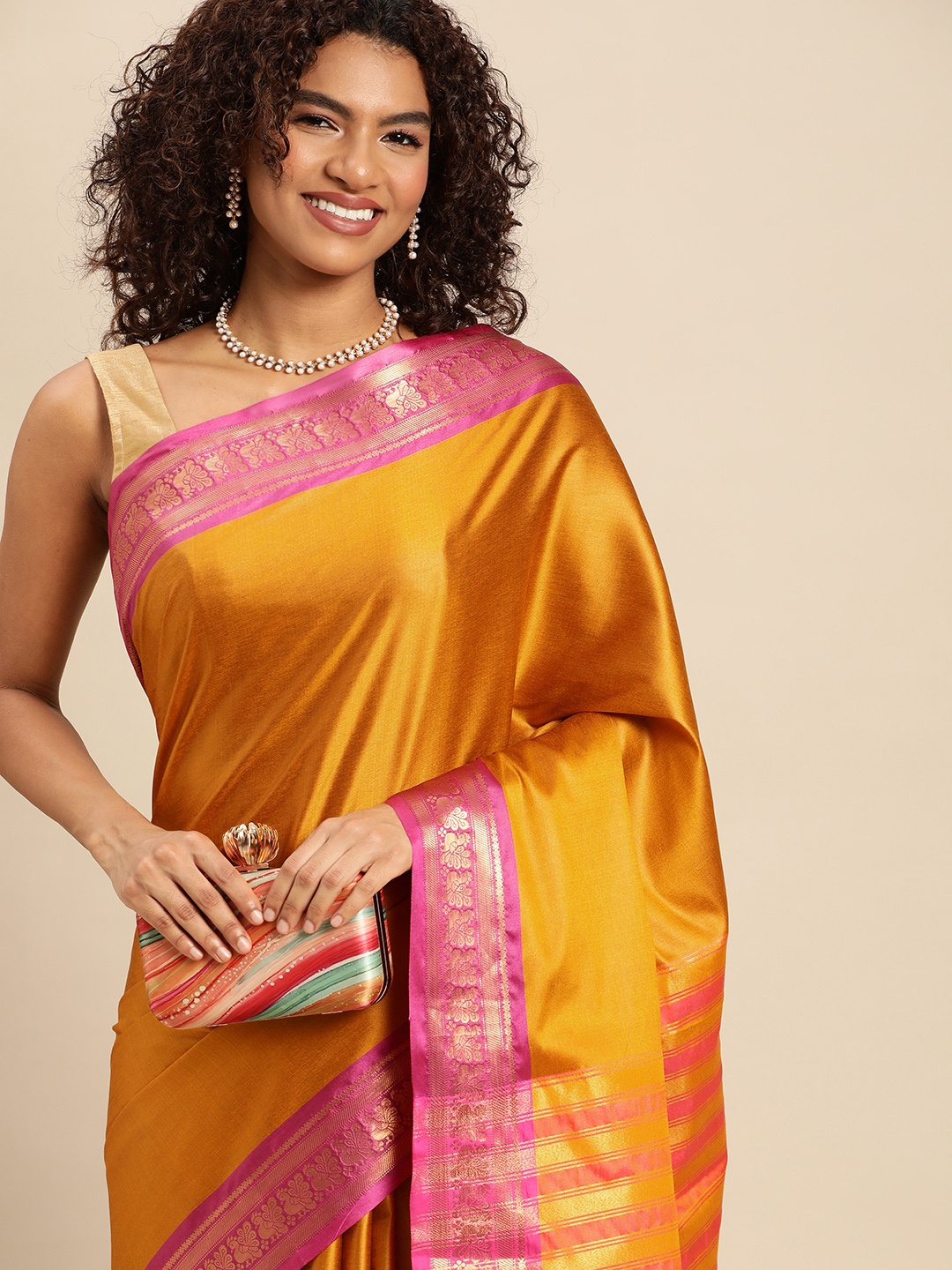 

FASHDEAL Yellow & Pink Zari Pure Cotton Jacquard Saree