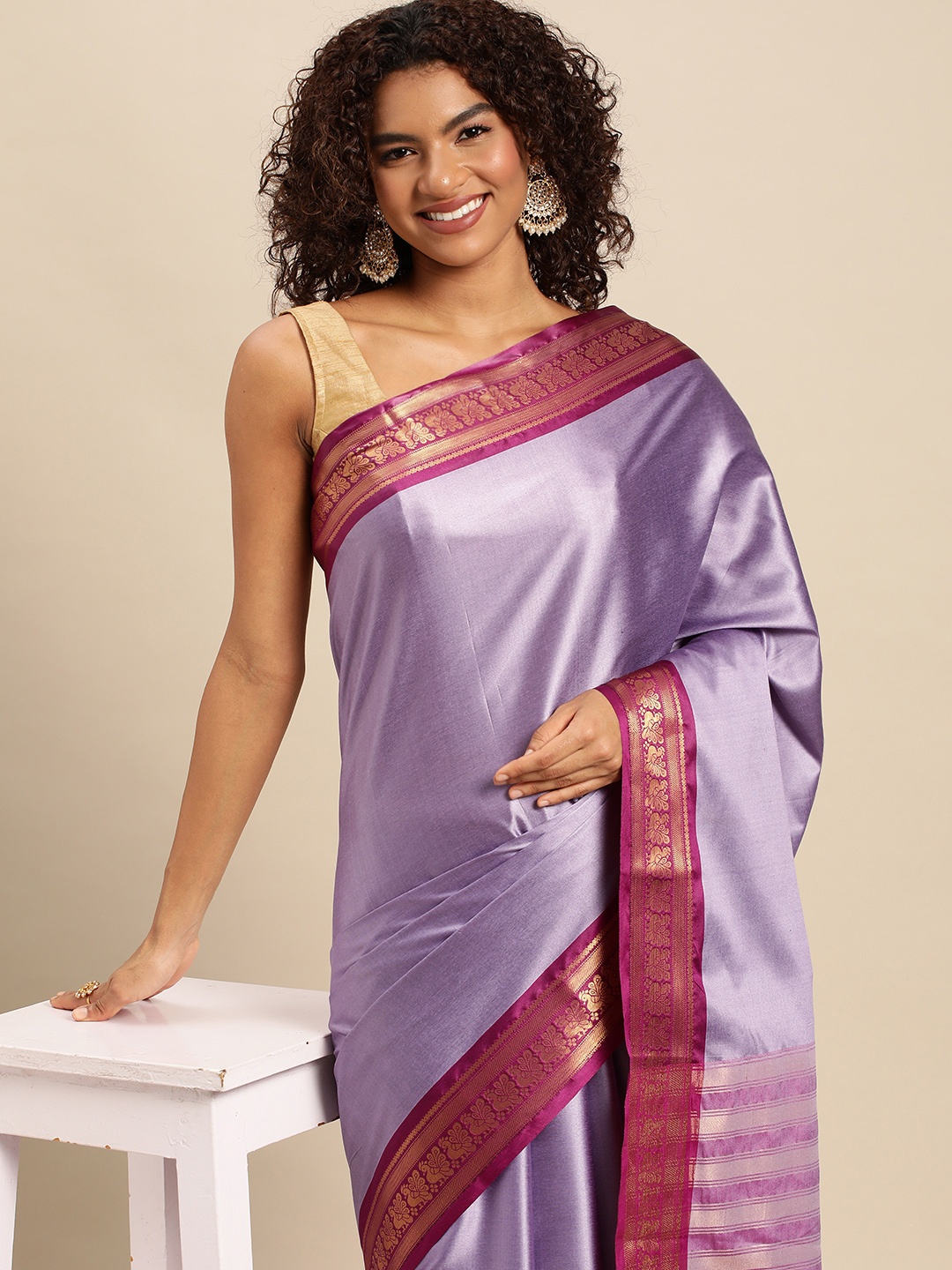 

FASHDEAL Lavender & Pink Zari Pure Cotton Jacquard Saree