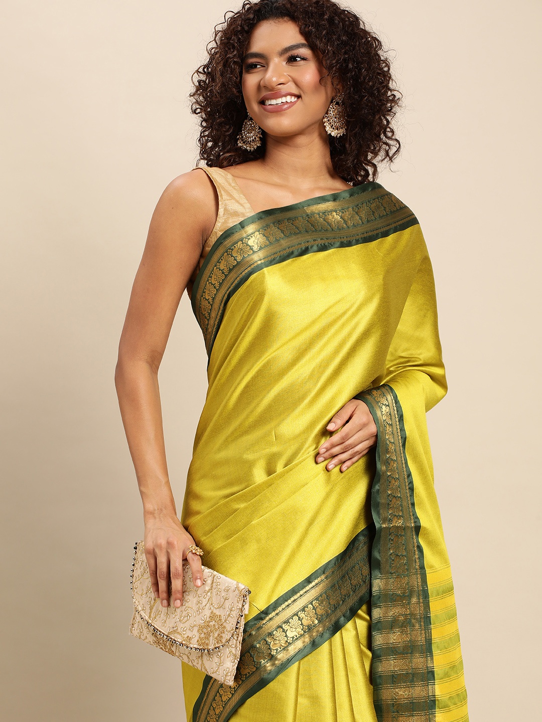 

FASHDEAL Green & Gold-Toned Zari Jacquard Pure Cotton Saree