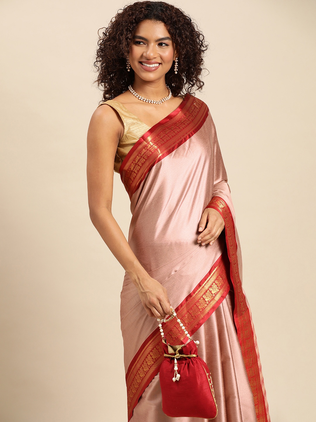 

FASHDEAL Peach-Coloured & Red Zari Jacquard Pure Cotton Saree