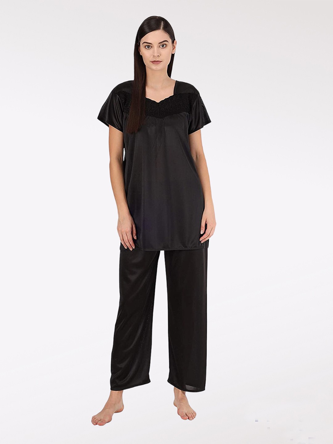 

SEPHANI Printed Satin Night suit, Black