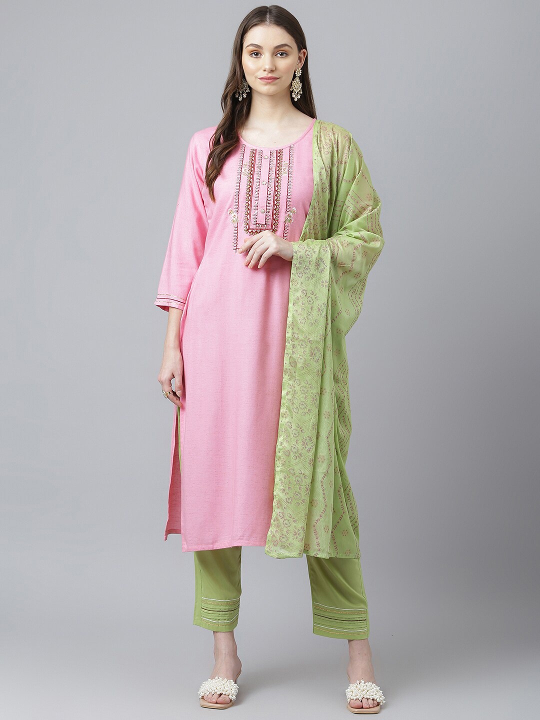 

Kiana Ethnic Motifs Embroidered Beads and Stones Kurta with Trousers & With Dupatta, Pink