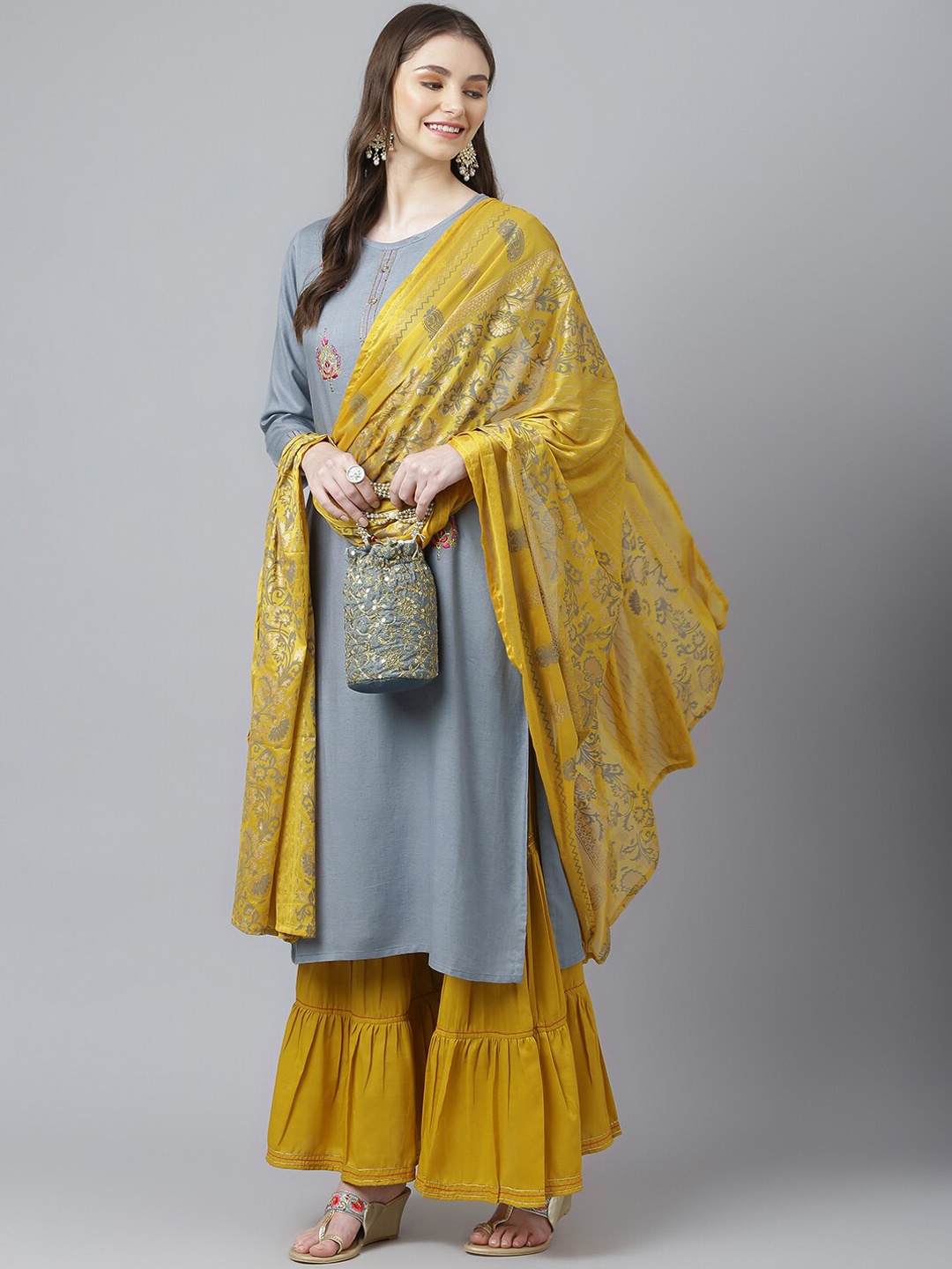 

Kiana Ethnic Motifs Embroidered Thread Work Kurta with Sharara & With Dupatta, Grey