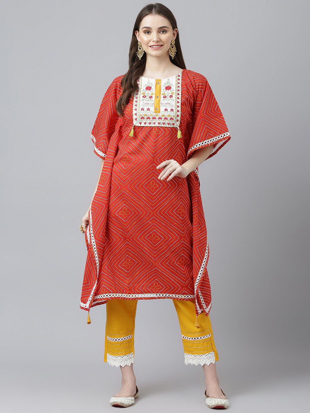 

Kiana Bandhani Printed Thread Work Pure Cotton Kurta with Trousers, Red