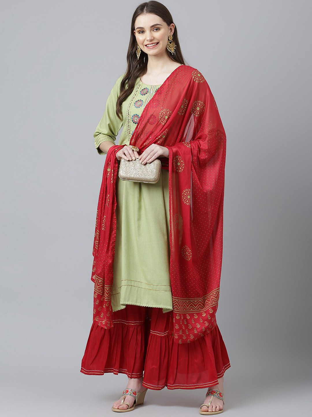 

Kiana Embroidered Kurta with Sharara & With Dupatta, Green