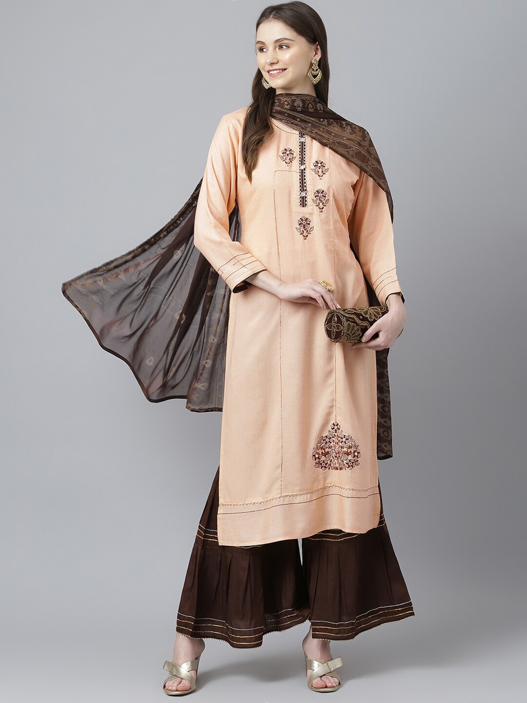 

Kiana Embroidered Thread Work Kurta with Sharara & With Dupatta, Peach