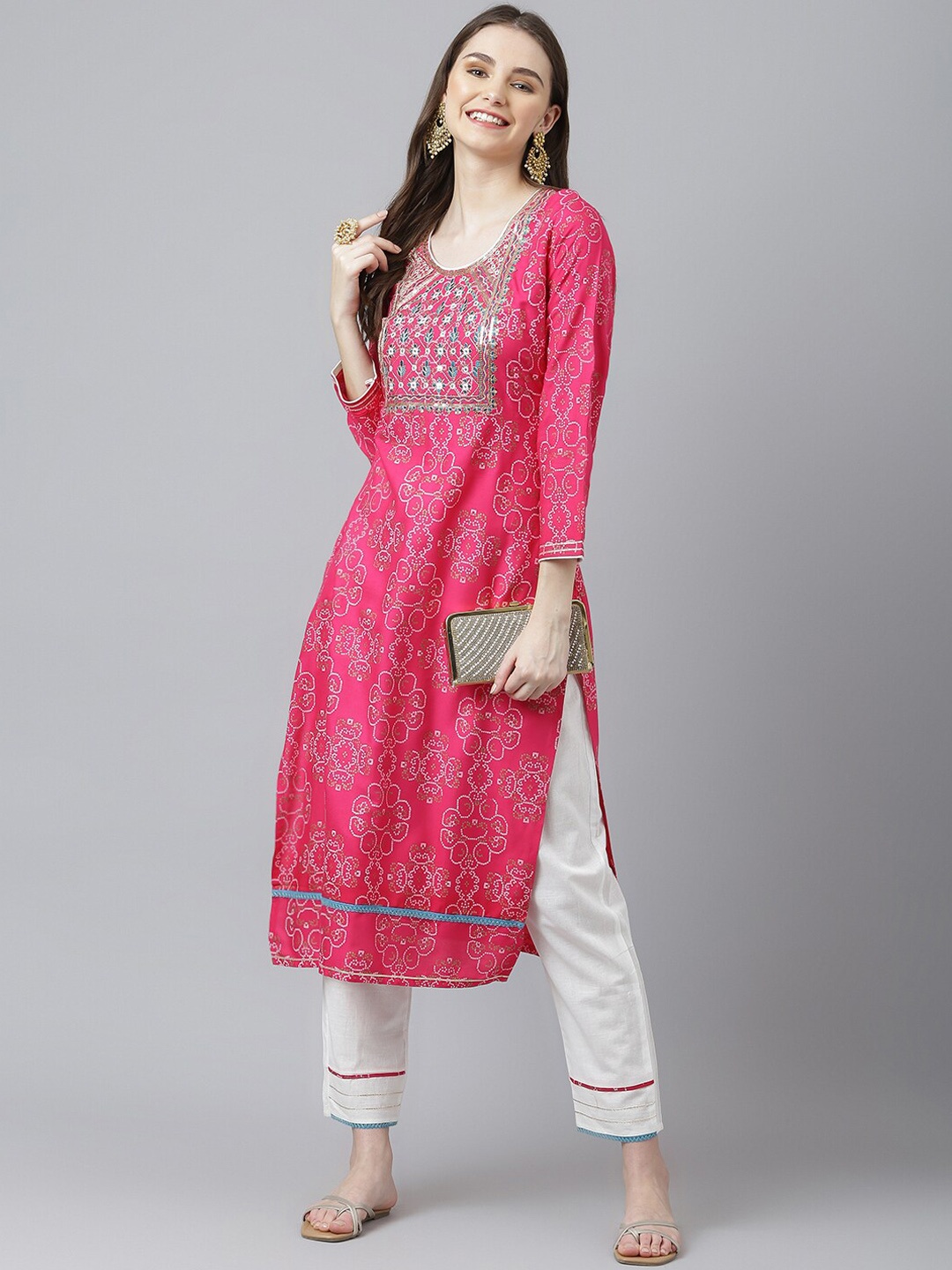 

Kiana Bandhani Embroidered Mirror Work Kurta with Trousers, Pink