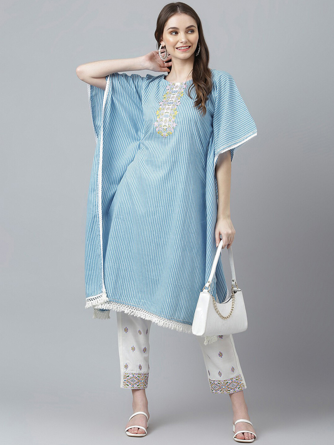 

Kiana Printed Thread Work Pure Cotton Kurta with Trousers, Blue