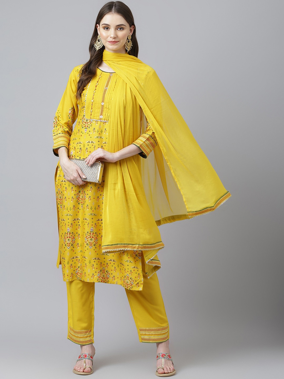 

Kiana Ethnic Motifs Printed Gotta Patti Kurta with Trousers & With Dupatta, Yellow