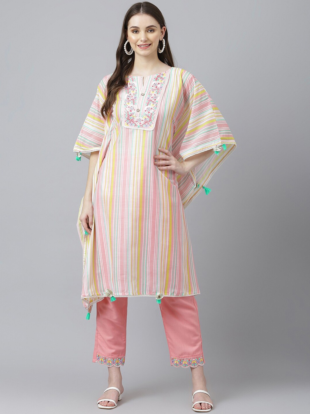 

Kiana Printed Thread Work Pure Cotton Kurta with Trousers, Pink