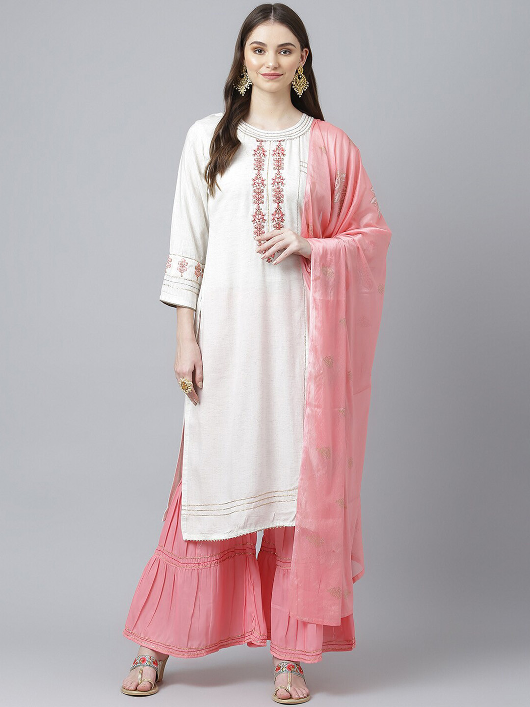 

Kiana Ethnic Motifs Embroidered Beads and Stones Kurta with Sharara & With Dupatta, Off white