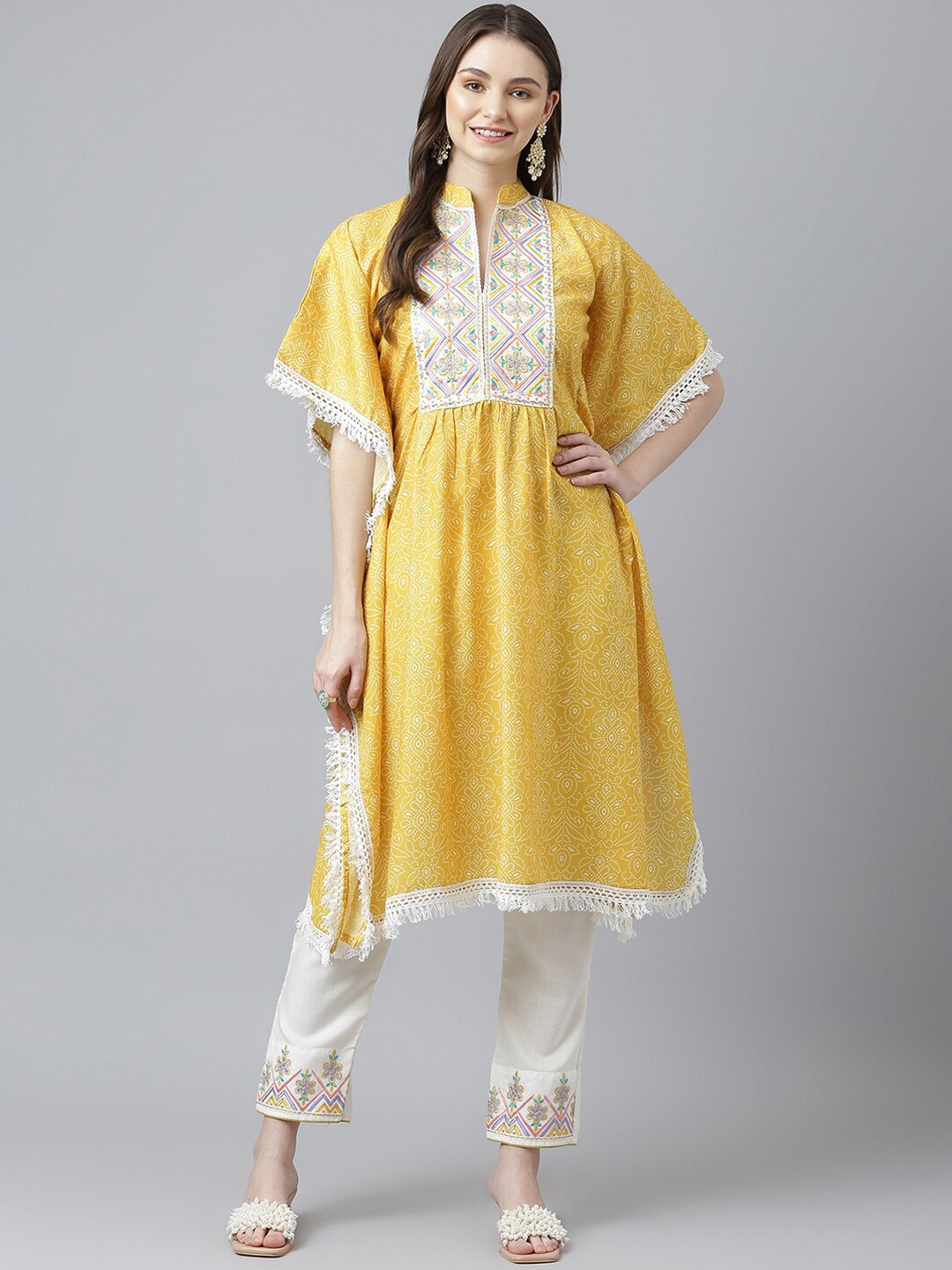 

Kiana Women Bandhani Printed Pleated Thread Work Pure Cotton Kurta with Trousers, Yellow