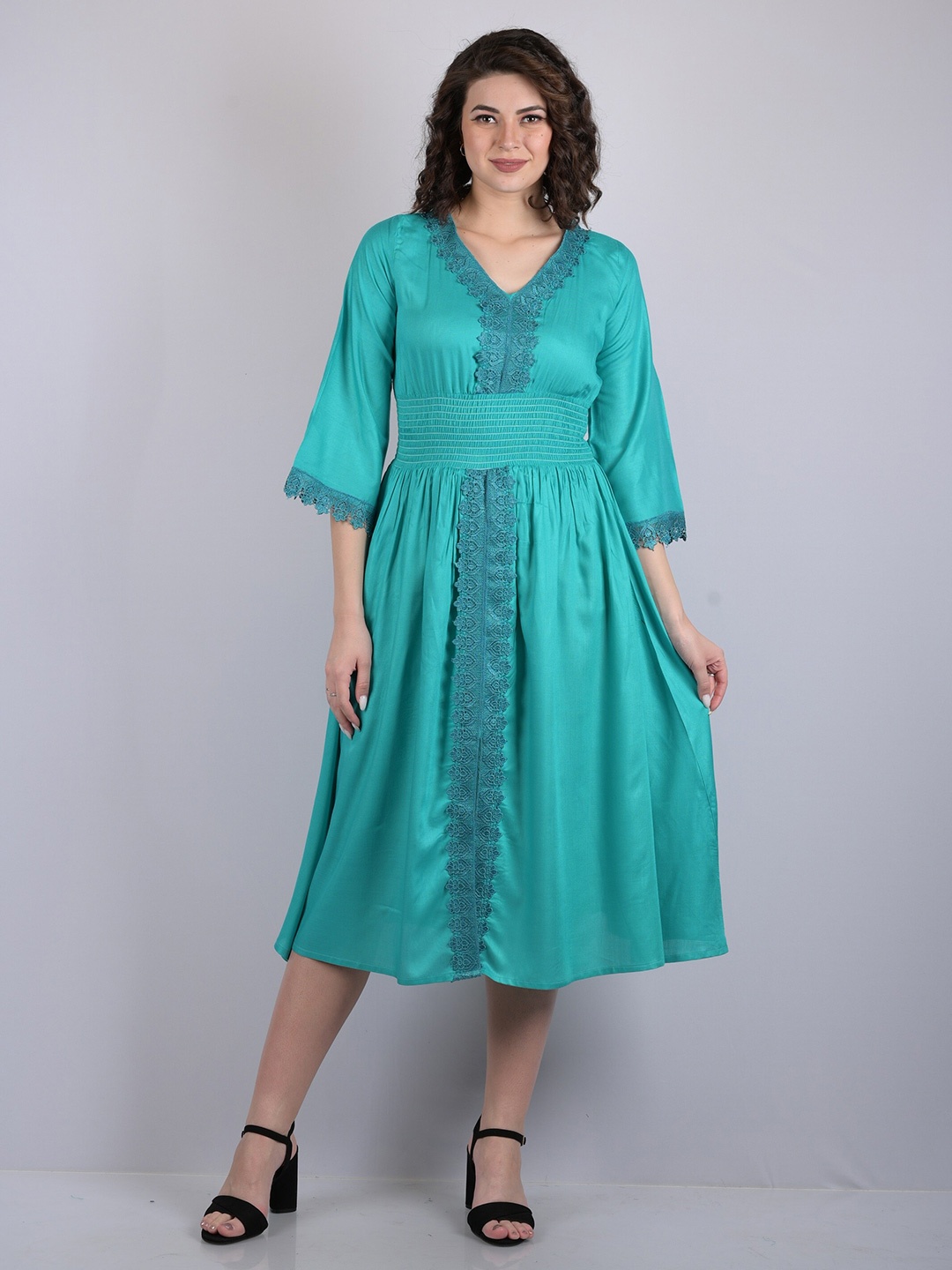 

OWO THE LABEL Smocked Midi Dress, Turquoise blue