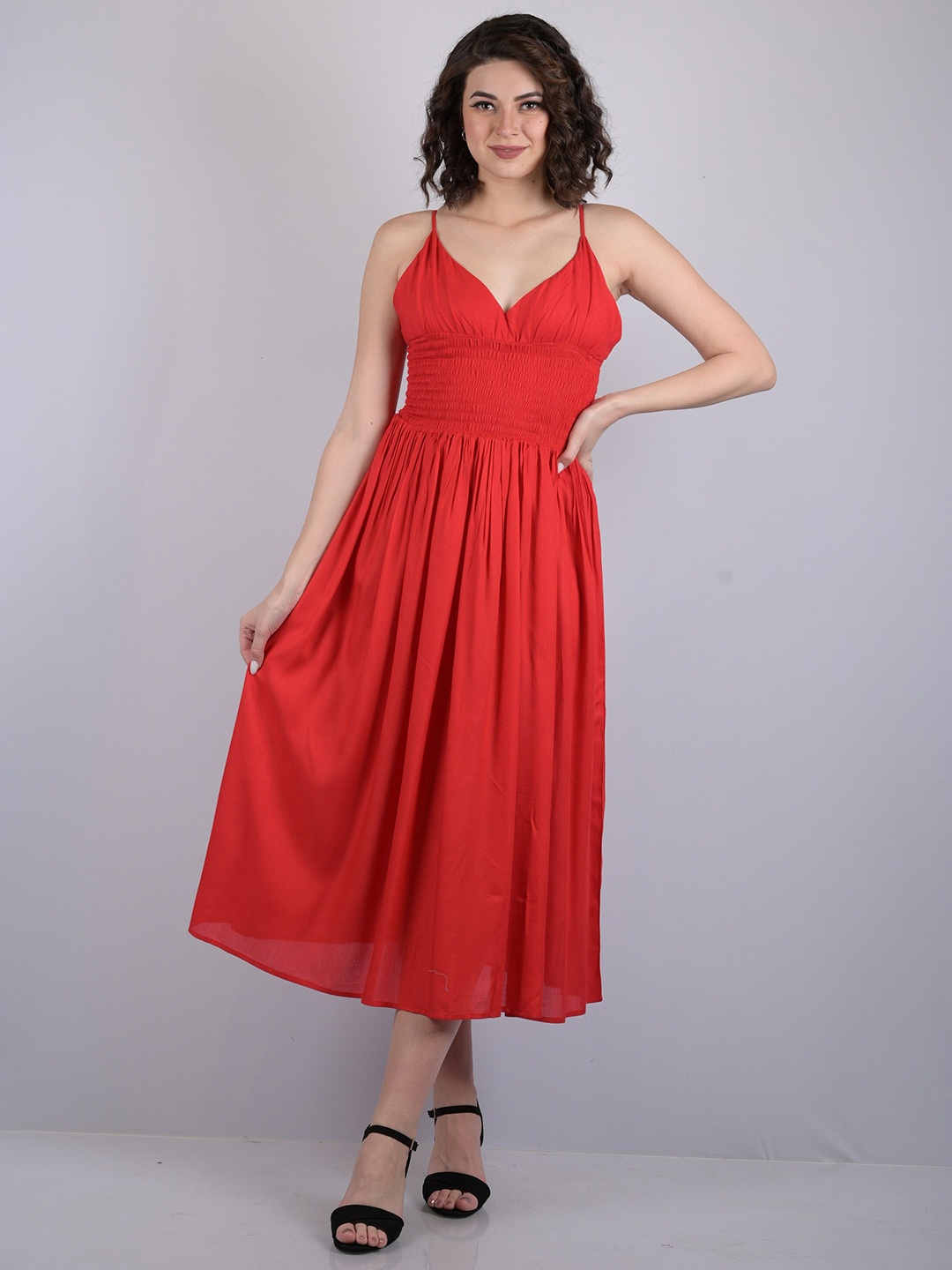 

OWO THE LABEL Smocked Midi Dress, Red