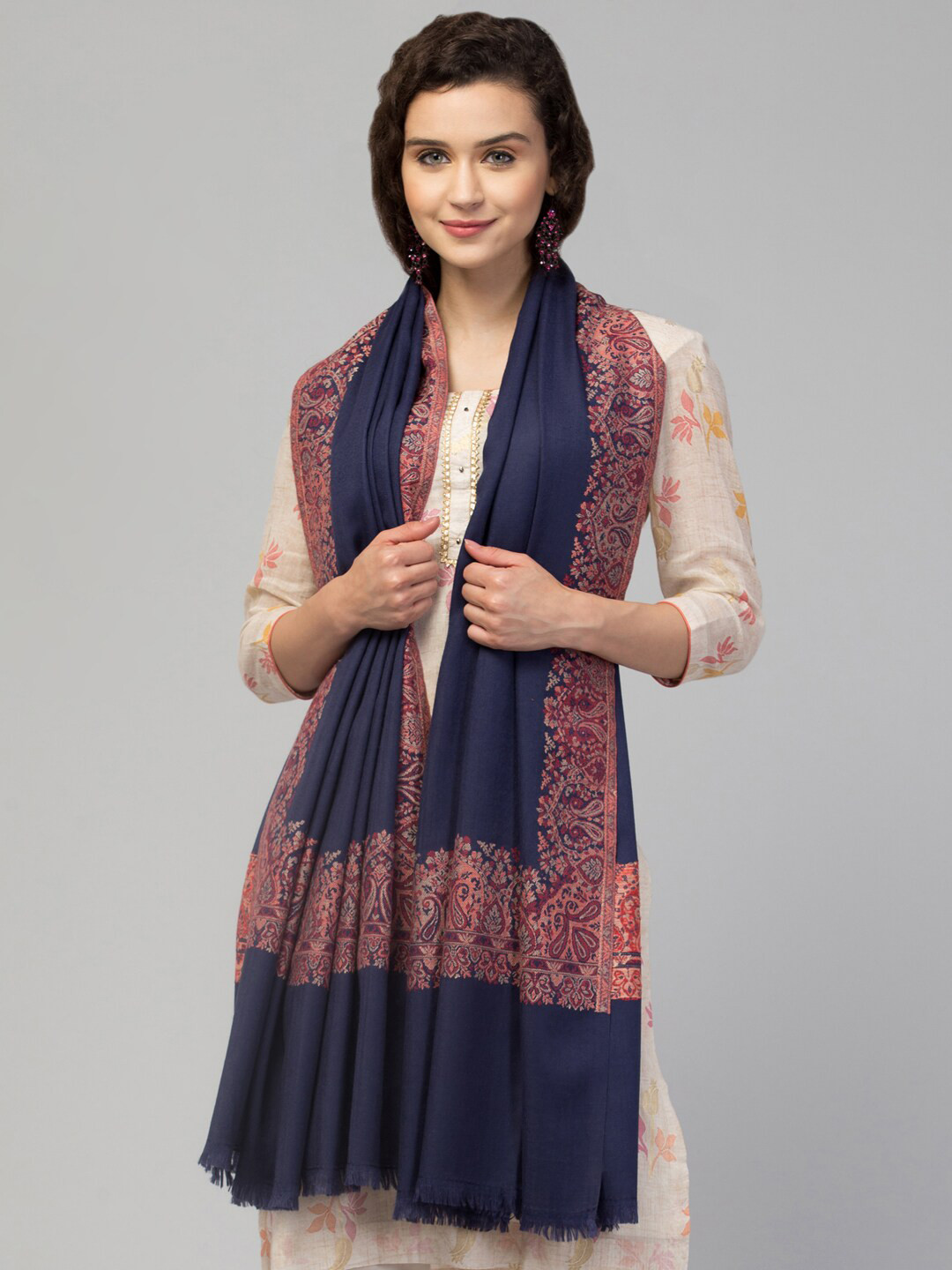 

Tweedle Women Woven Design Wool Kashmiri Kani Border Shawl, Navy blue