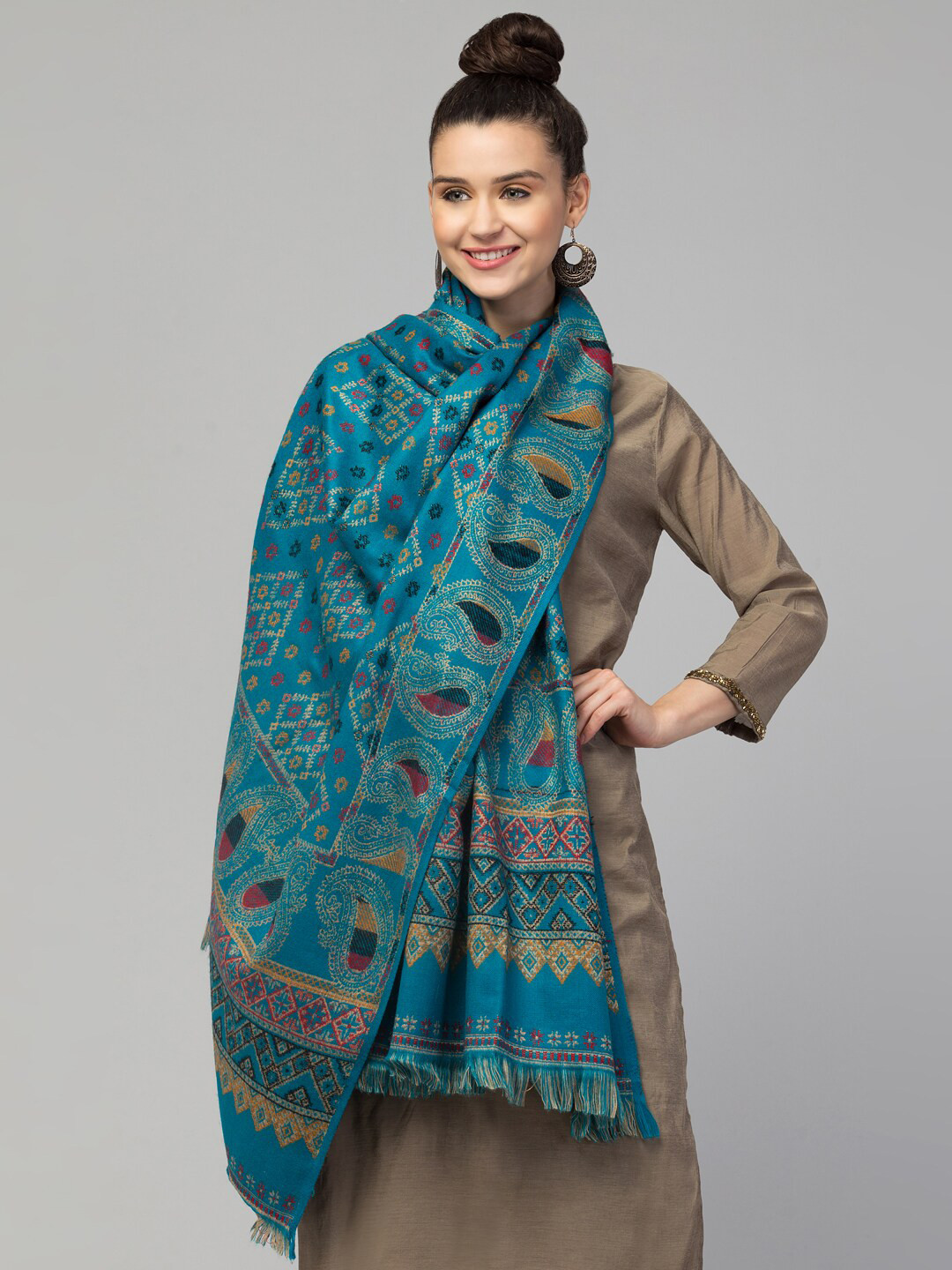

Tweedle Women Woven Design Acrylic Jamawar Shawl, Teal