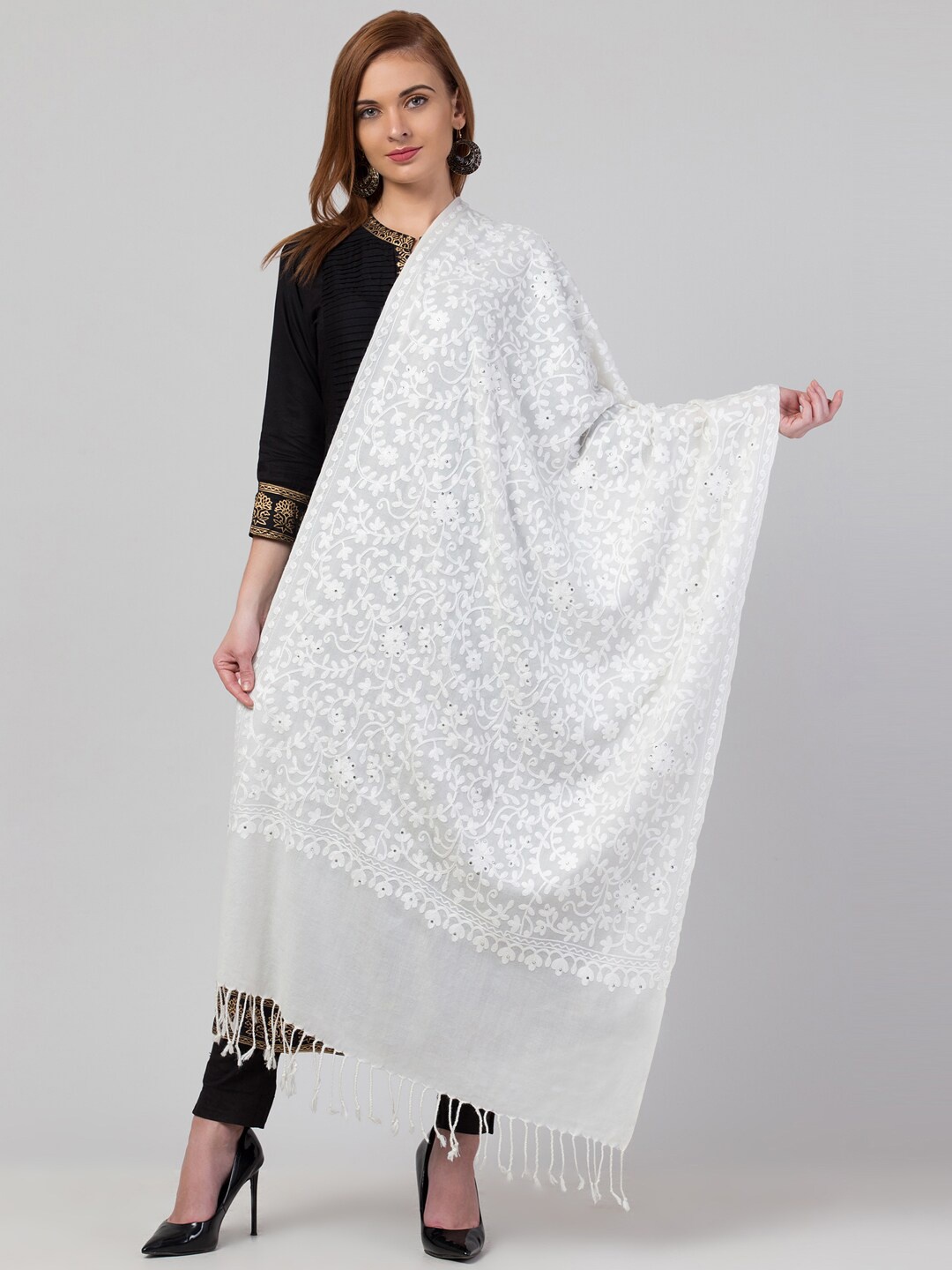 

Tweedle Women Pure Wool Kashmiri Embroidered Shawl, Off white