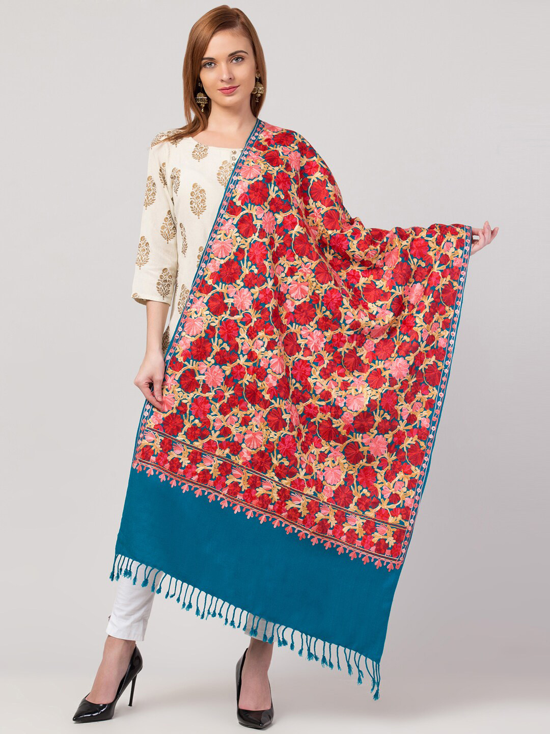 

Tweedle Women Aari Embroidery Cashmilon Shawl, Teal