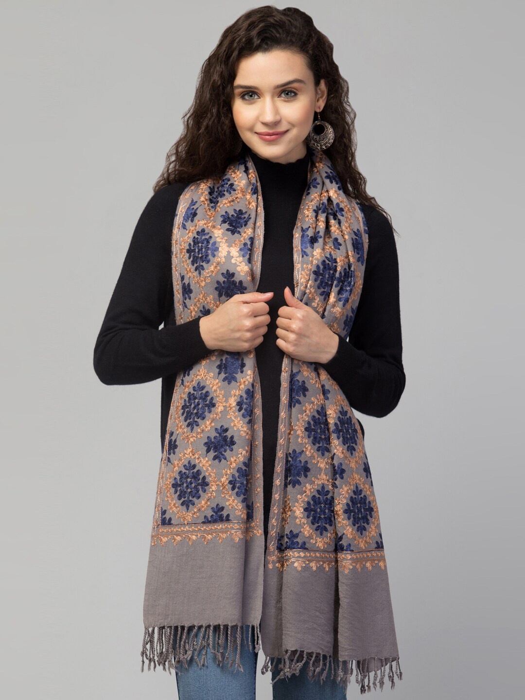 

Tweedle Women Floral Embroidered Pure Wool Shawl, Grey