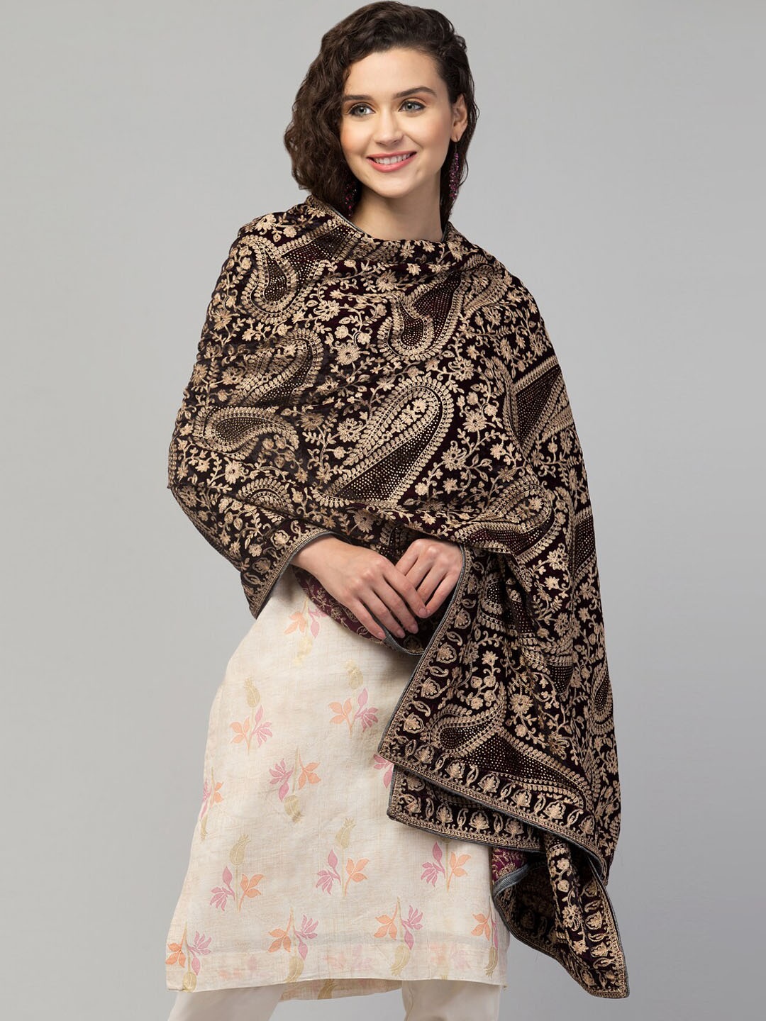 

Tweedle Women Embroidered Velvet Shawl, Brown