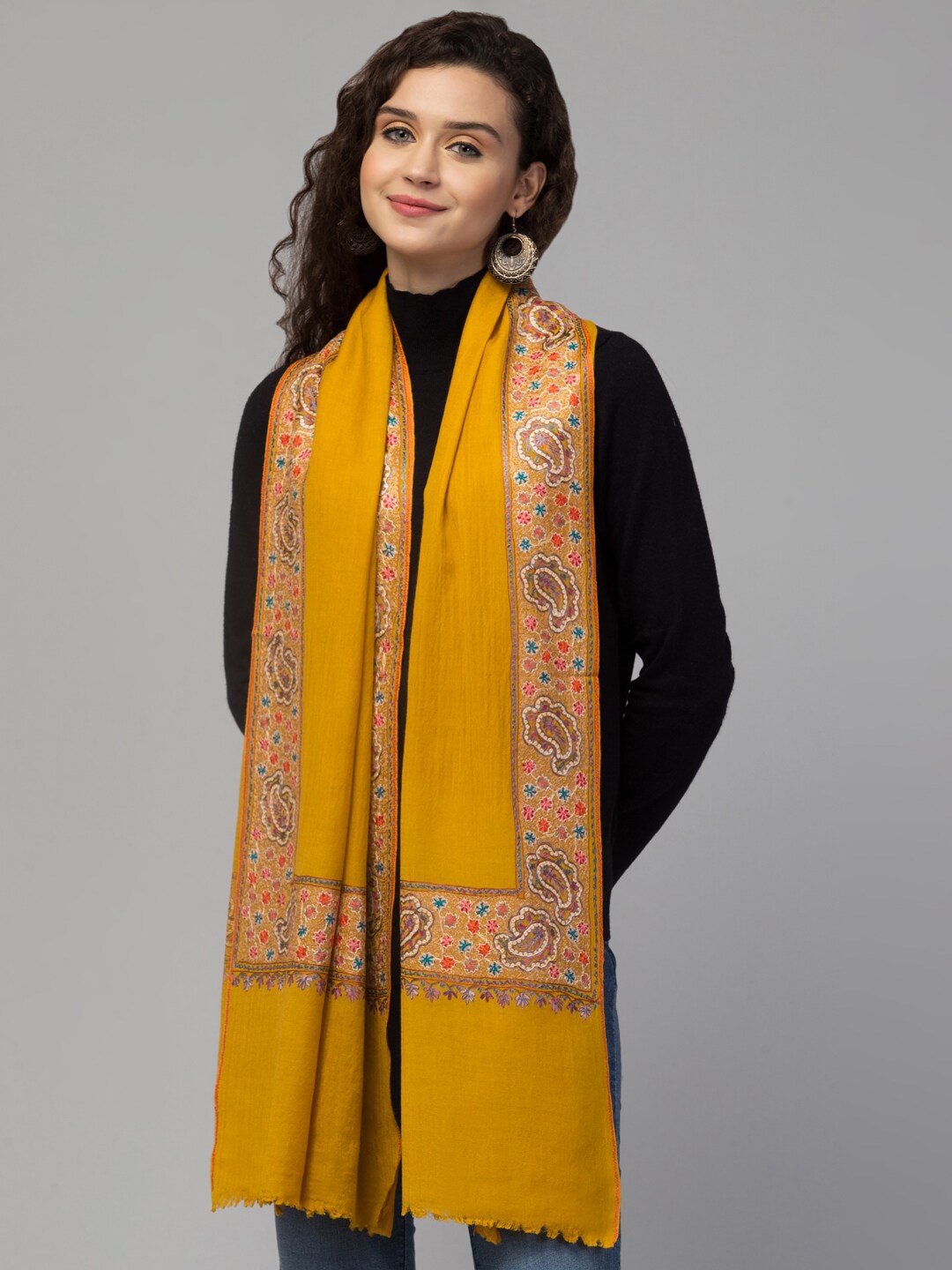 

Tweedle Women Embroidered Pure Wool Shawl, Mustard