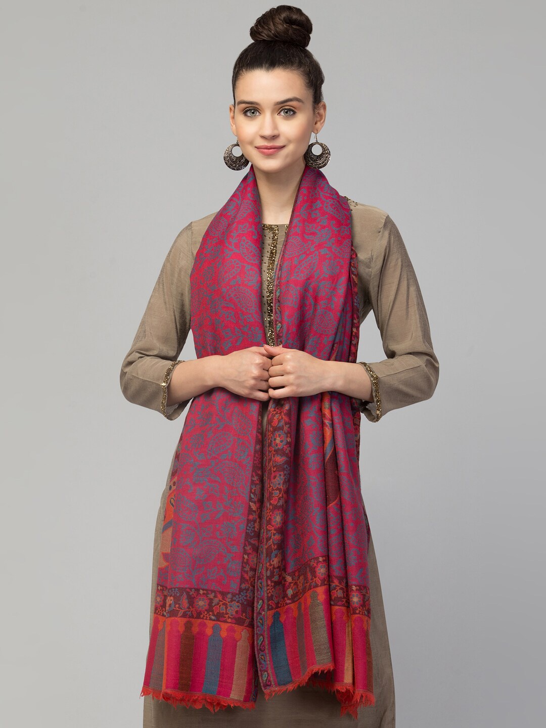 

Tweedle Women Floral Pure Wool Kani Border Shawl, Magenta