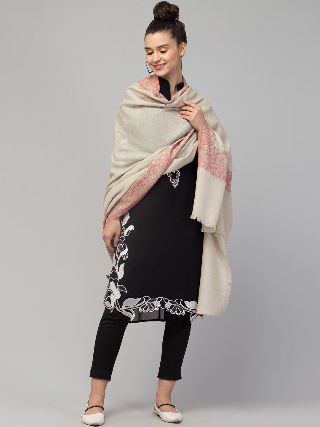 

Tweedle Women Woven Design Kashmiri Kani Border Wool Shawl, Off white
