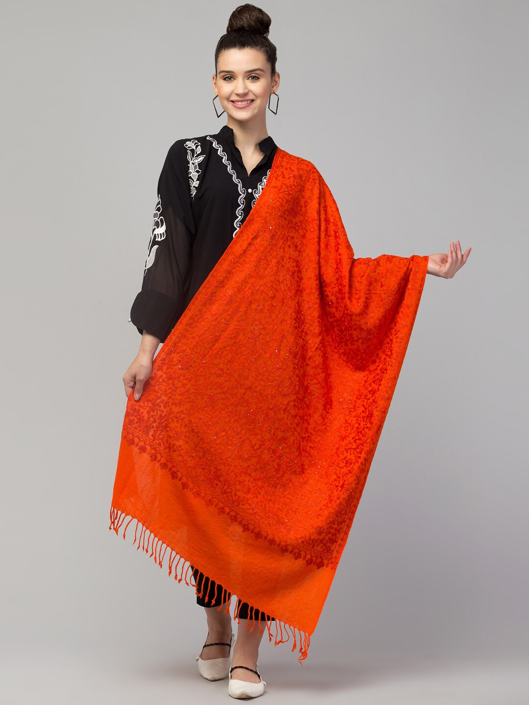 

Tweedle Women Kashmiri Embroidery Pure Wool Shawl, Orange