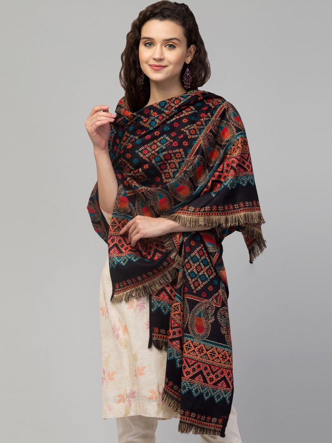 

Tweedle Women Woven-Design Acrylic Jamawar Shawl, Black