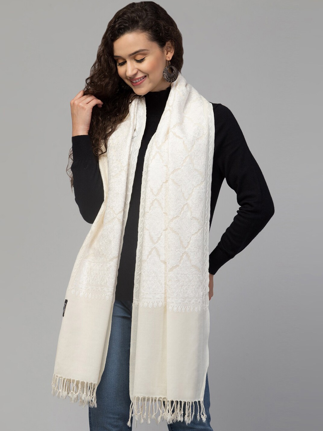 

Tweedle Women Embroidered Pure Wool Kashmiri Stole, Off white