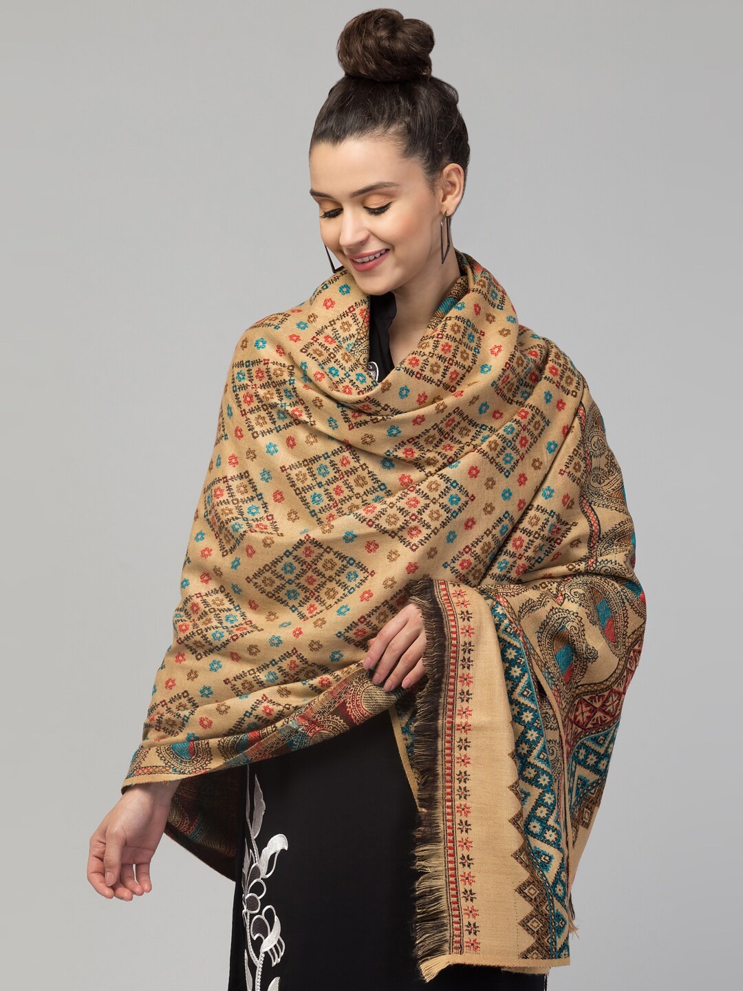 

Tweedle Women Woven Design Fusion Design Jamawar Shawl, Beige