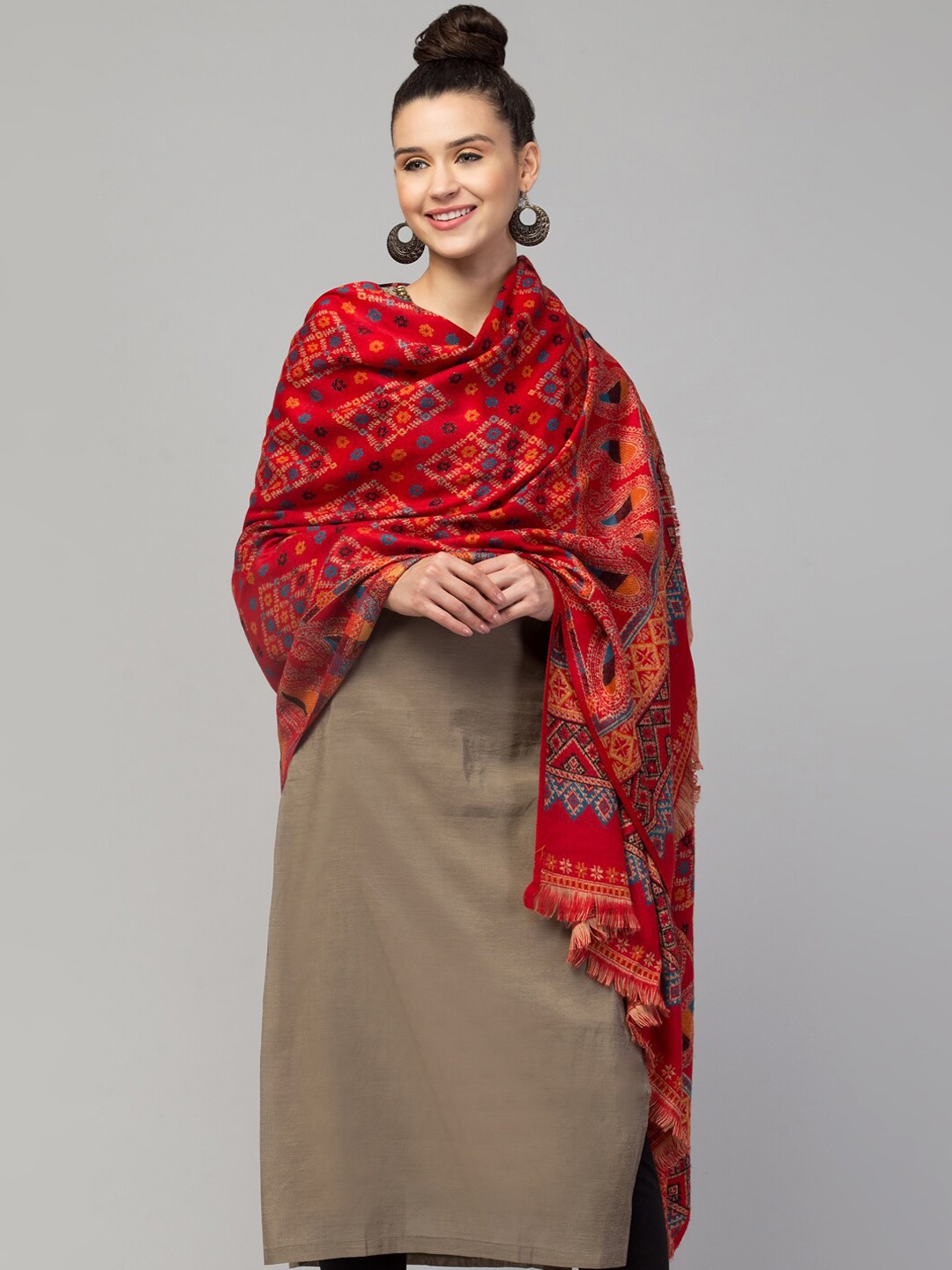 

Tweedle Women Woven Design Acrylic Jamawar Shawl, Red