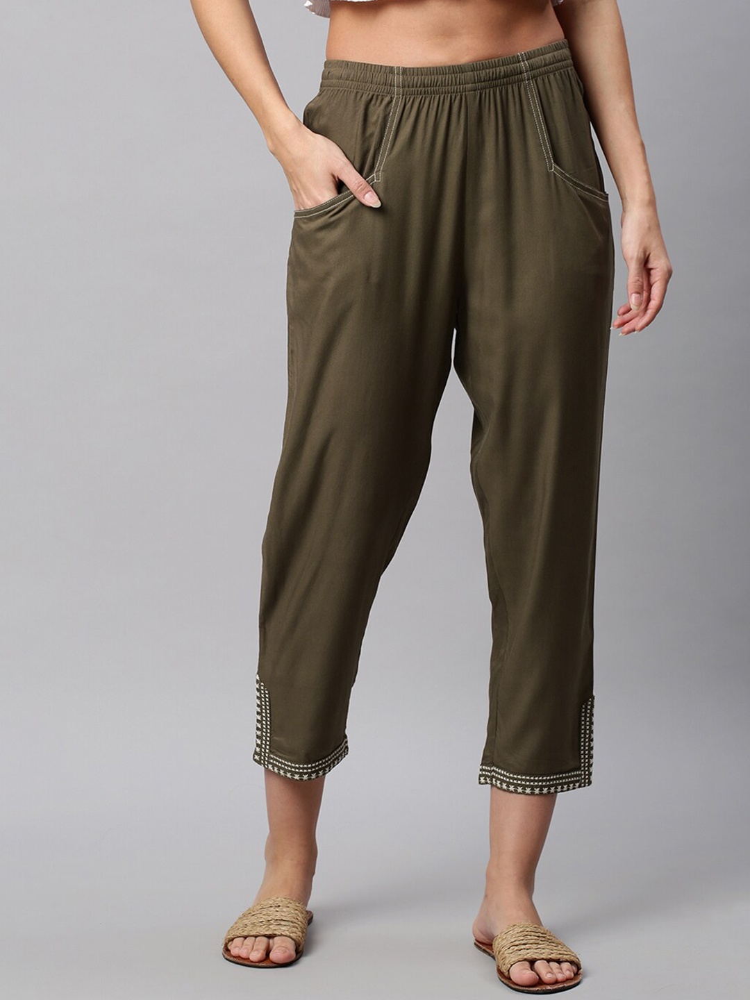 

Chemistry Women Ethnic Motifs Embroidered Skinny Fit Trousers, Olive