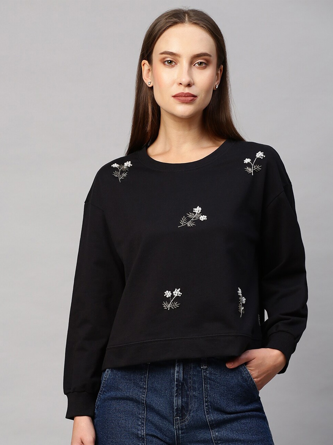 

Chemistry Pure Cotton Floral Embellished Sweatshirt, Black