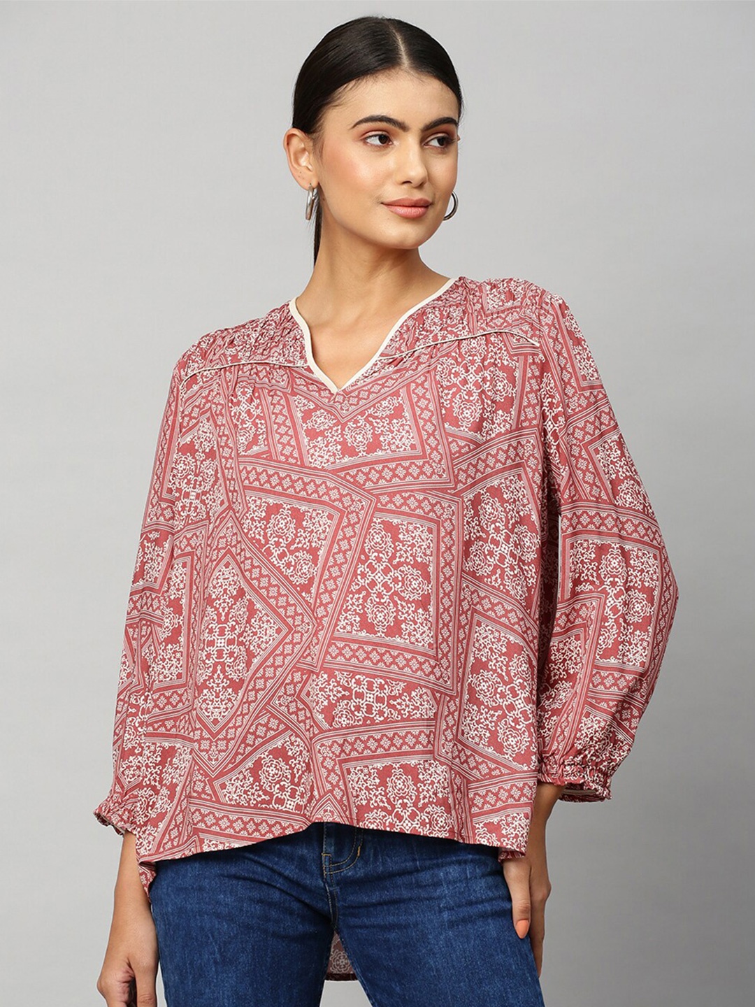 

Chemistry Ethnic Motifs Printed V-Neck Top, Rust