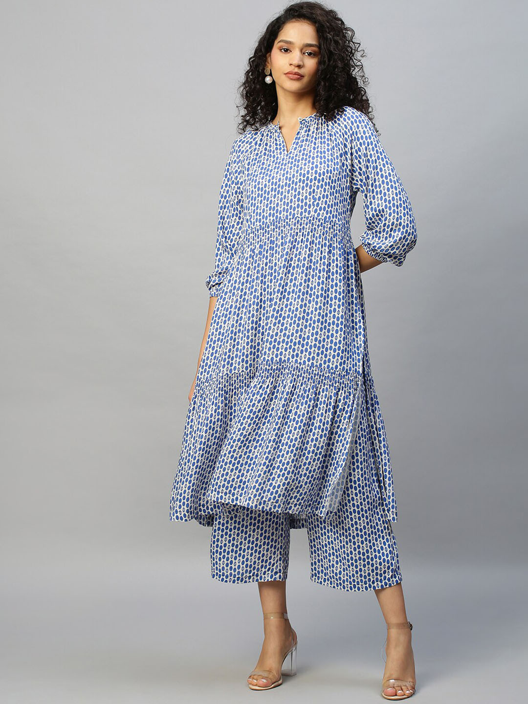 

Modern Indian by CHEMISTRY Women Printed Pleated Kurta with Palazzos, Blue