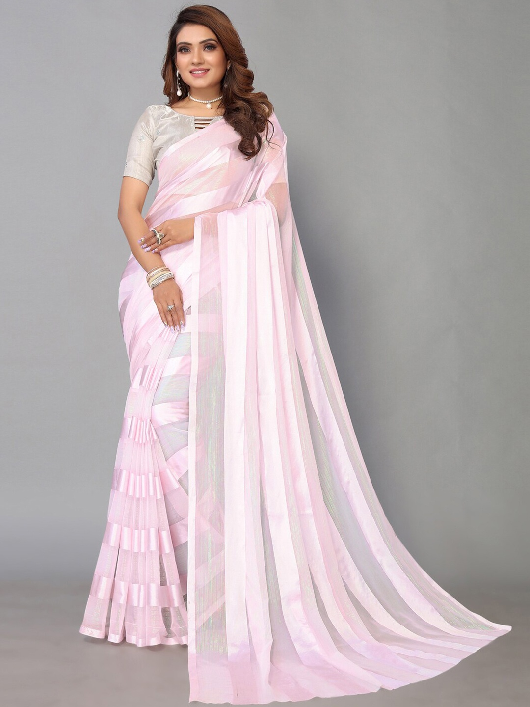 

Satrani Pink & White Striped Satin Saree