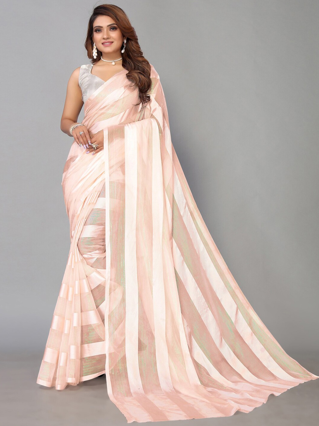 

Satrani Peach-Coloured Striped Satin Saree