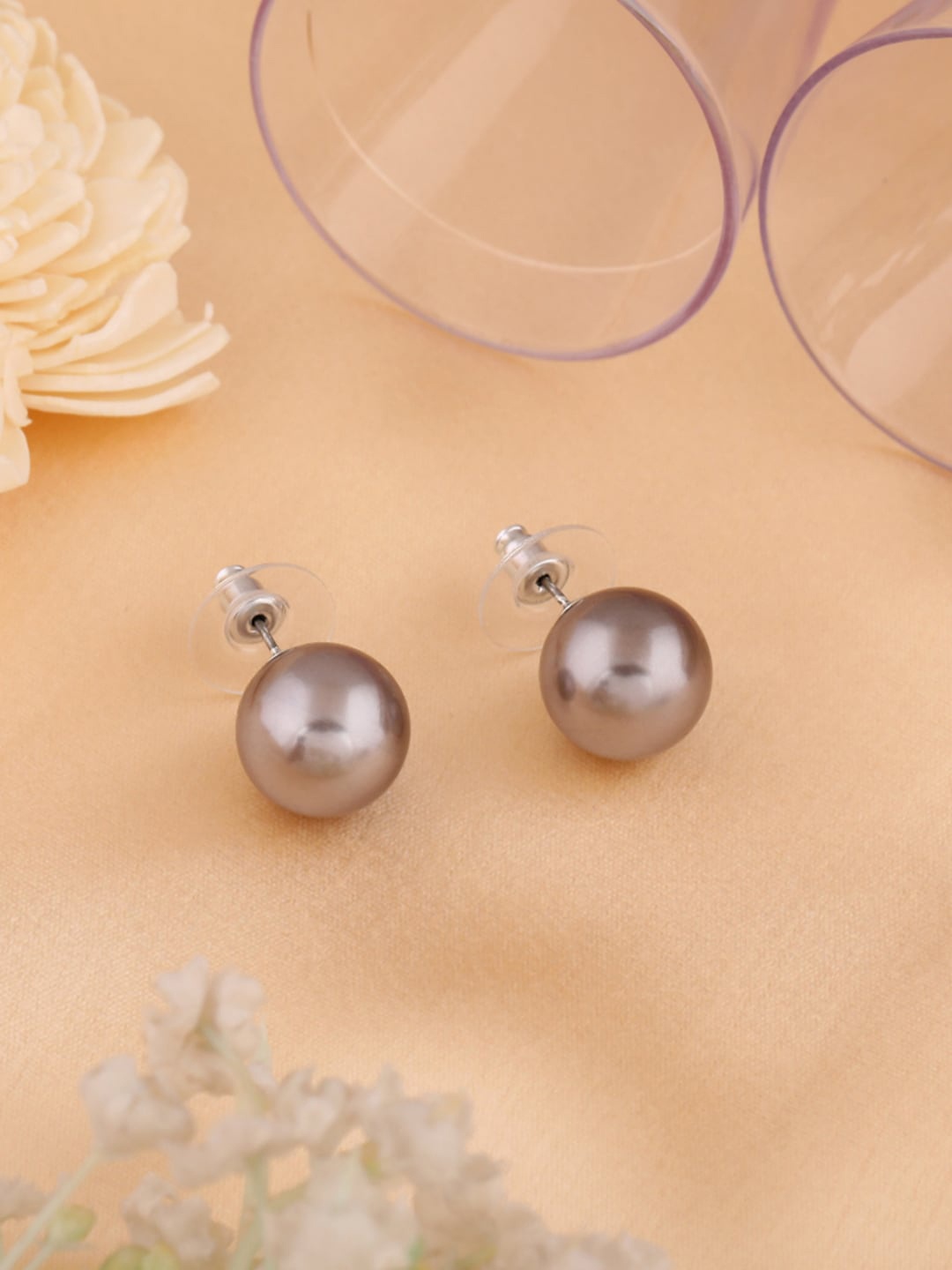 

Estele Silver-Plated Pearl Circular Studs Earrings, Grey