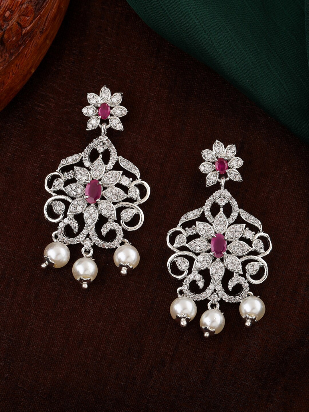 

Estele Silver-Plated Cubic Zirconia Floral Drop Earrings, Pink