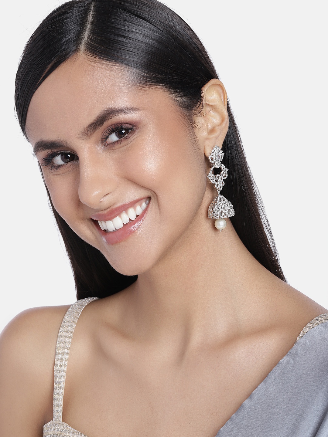 

Estele Silver-Plated Cubic Zirconia Floral Jhumkas Earrings, White