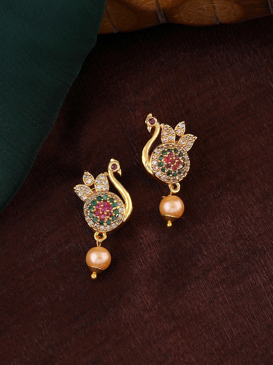 

Estele Gold-Plated Peacock Shaped Drop Earrings, Green