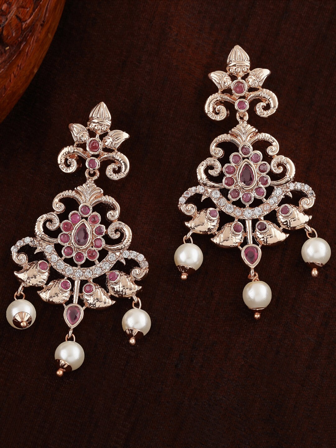 

Estele Rose Gold-Plated Floral Chandbalis Earrings, Red