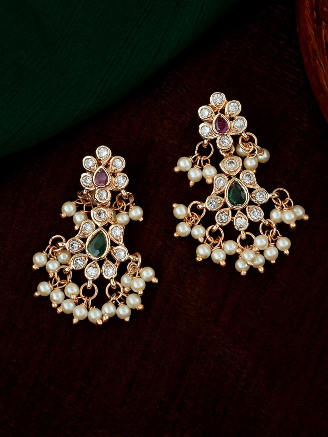 

Estele Rose Gold-Plated Floral Chandbalis Earrings, Green