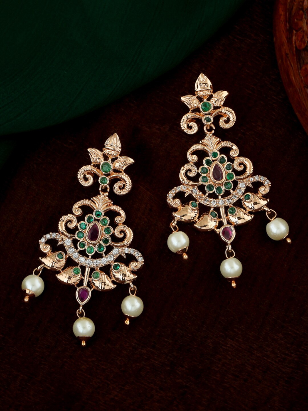 

Estele Rose Gold-Plated Floral Chandbalis Earrings, Green