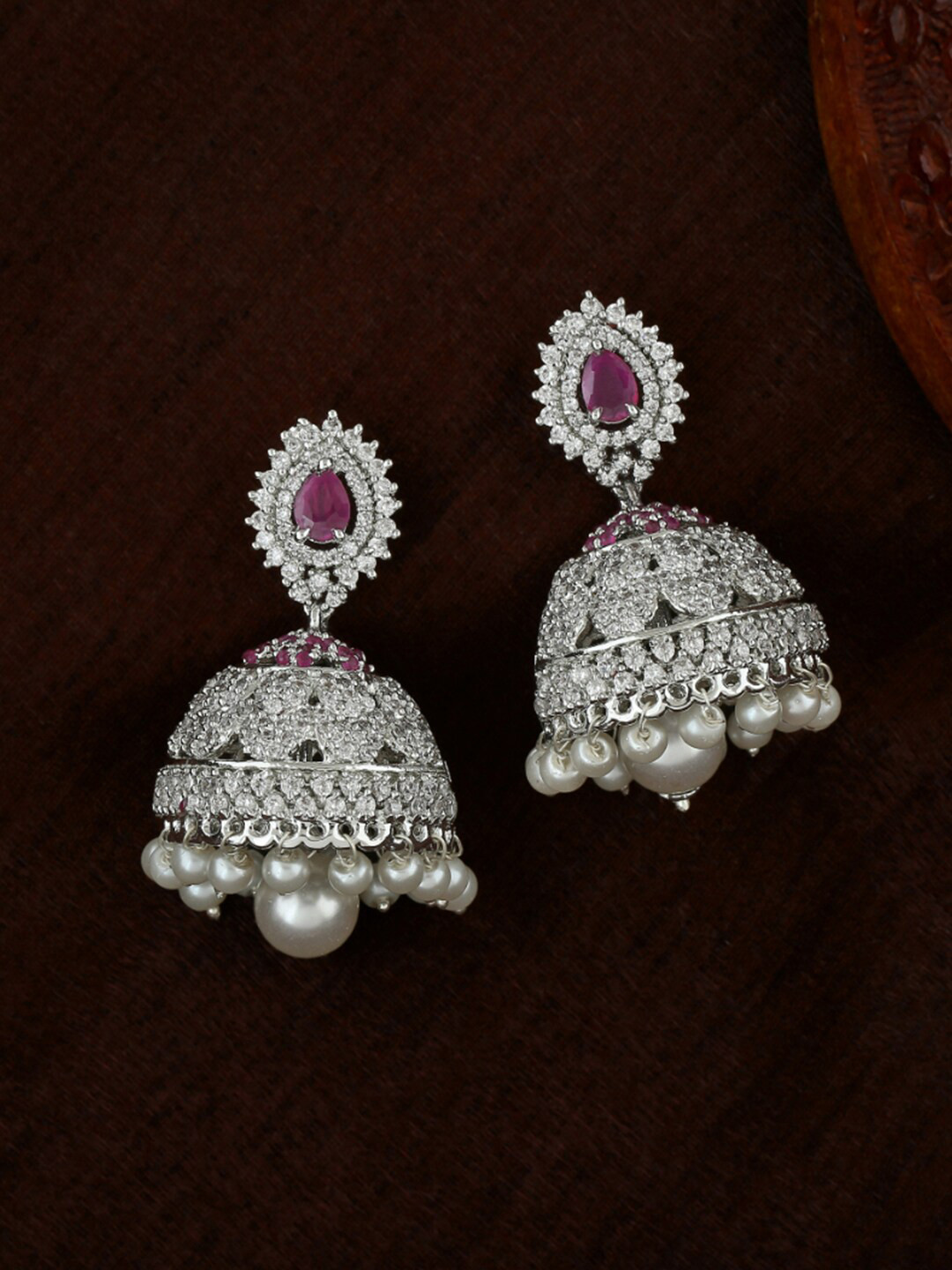 

Estele Silver-Plated Leaf Shaped Jhumkas Earrings, Pink
